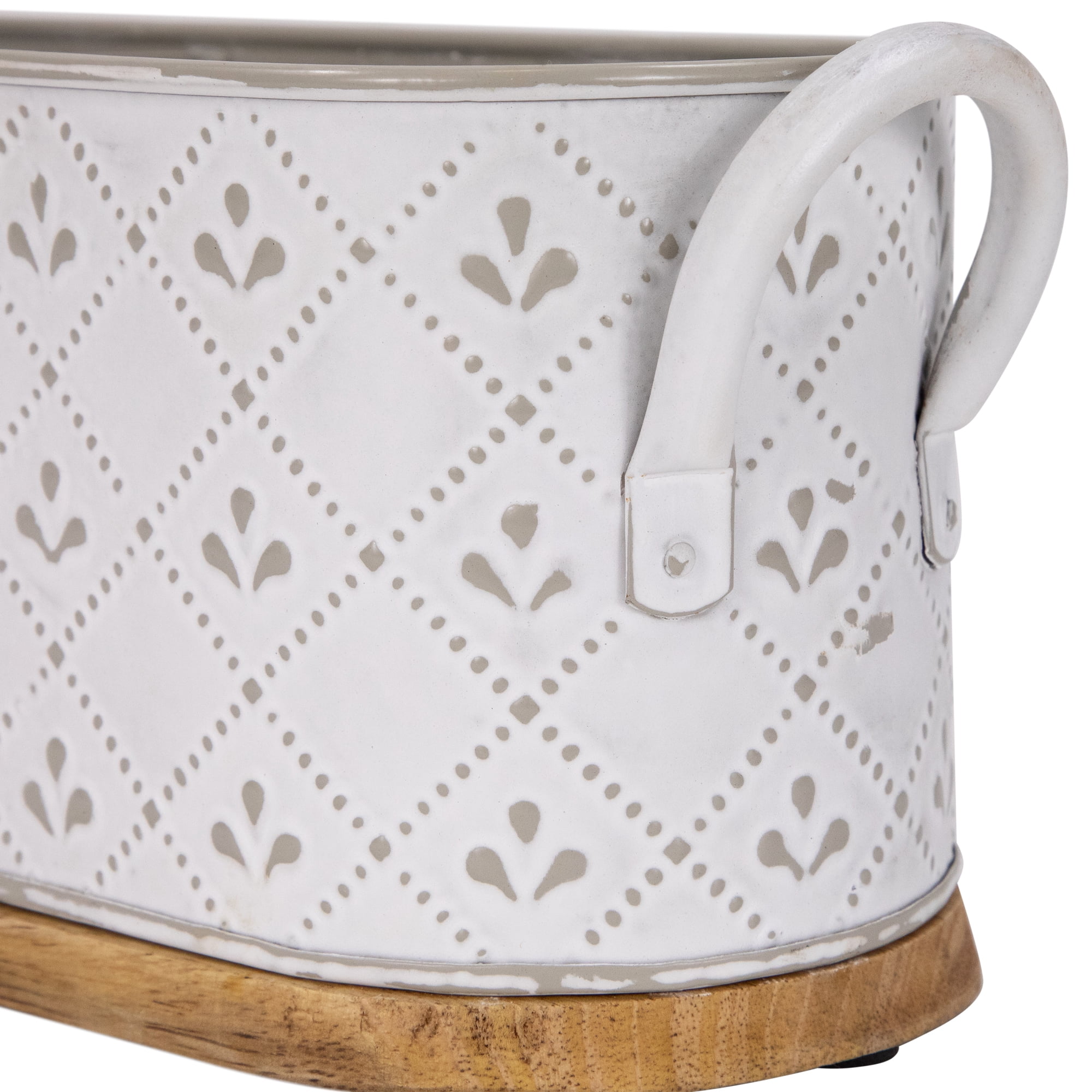 Northlight 11.25" White Oval Embossed Utensil Caddy with Side Handles and Wooden Base