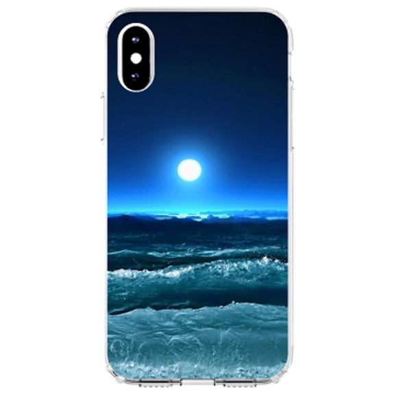 DistinctInk Clear Shockproof Hybrid Case for iPhone XR (6.1" Screen) - TPU Bumper, Acrylic Back, Tempered Glass Screen Protector - Moonlit Ocean Waves
