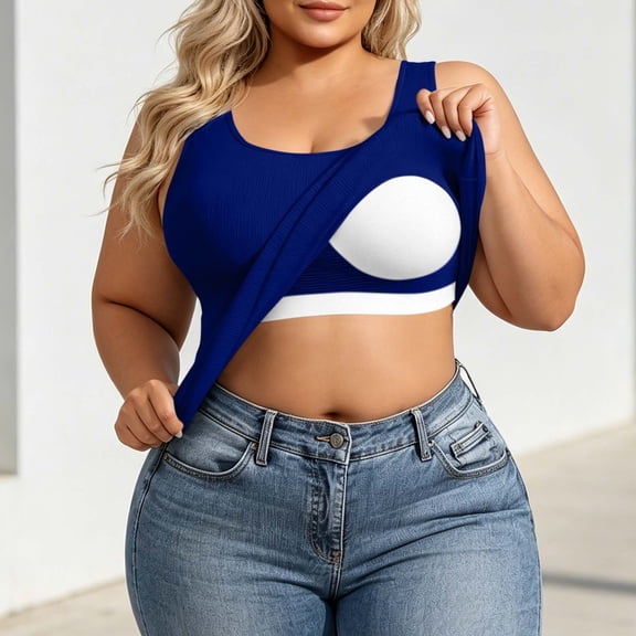 Plus Size Womens Ribbed Tank Tops with Built-In Bra, Round Neck Fitting Sleeveless Cami for Loungewear Sports Blue XXL