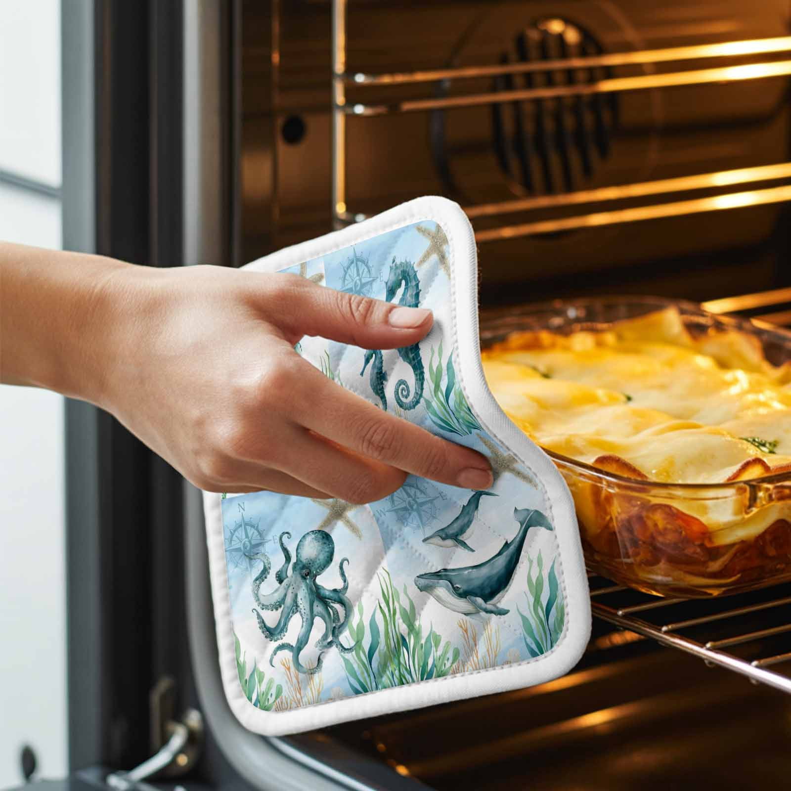 Coastal Pot Holders for Kitchen Heatproof Potholder, 2 Pack Ocean Turtle Seahorse Octopus Whale Beach Starfish Hot Pads Multipurpose Oven Pads Cloth Potholders Trivet for Cooking and Baking