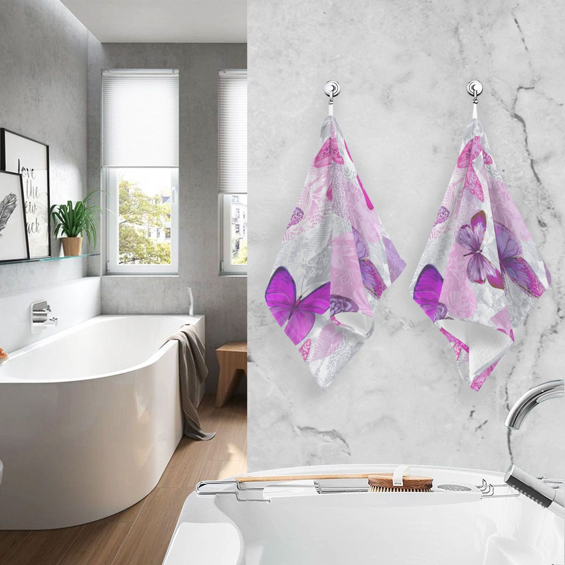 2 Pieces of Cotton Towel Face Towel Set Hand Towel Bath Towel Cotton Bath Towel Sets Pink Purple Butterflies