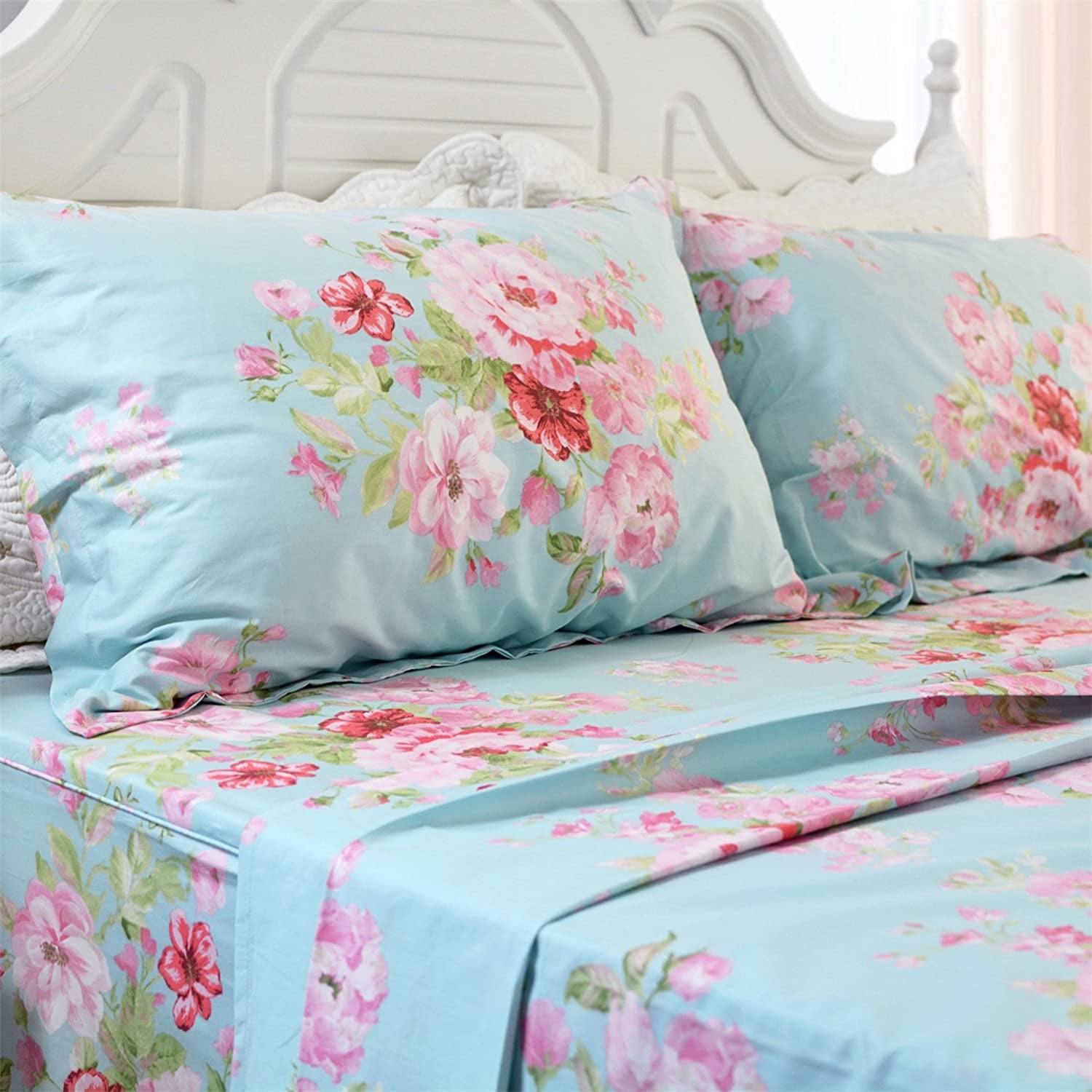 FADFAY Shabby Pink Floral Blue Fitted Sheet Deep Pocket 100% Cotton Super Soft,Single Fitted Sheet Without Pillowcases.Queen Size 1-Piece
