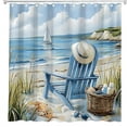 thumbnail image 4 of Summer Beach Coastal Shower Curtain Blue Sea Ocean Landscape Beachy Recliner Chair Hat Starfish Hawaii Scenery Waves Seaside Bath Curtain Fabric Bathroom Accessories Decor with Hooks, 4 of 7