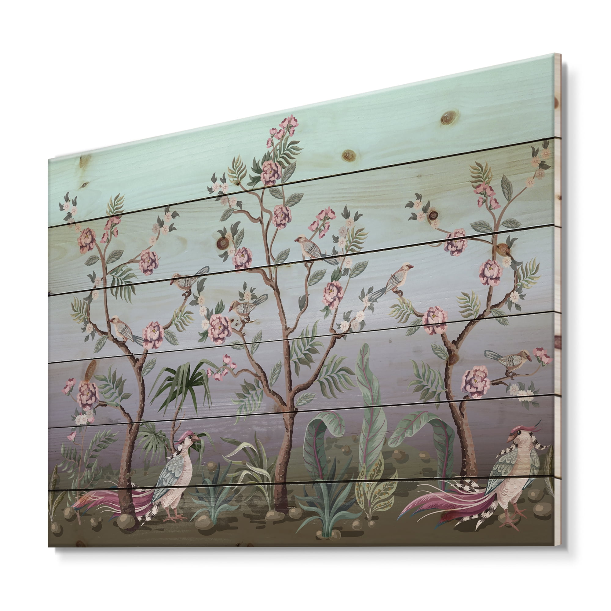 Designart 'Chinoiserie With Peonies and Birds II' Traditional Print on Natural Pine Wood