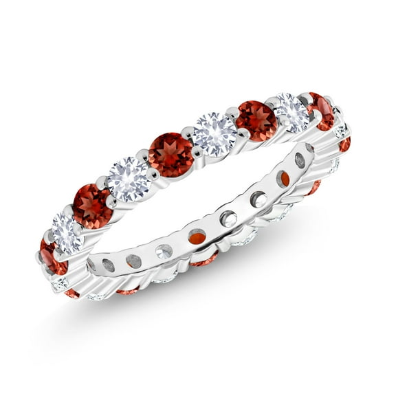 1.50 Cttw Red Garnet and White Created Sapphire Eternity Band Ring for Women | 925 Sterling Silver | Gemstone Birthstone | Wedding Engagement Anniversary Promise Ring for Women | Size 5