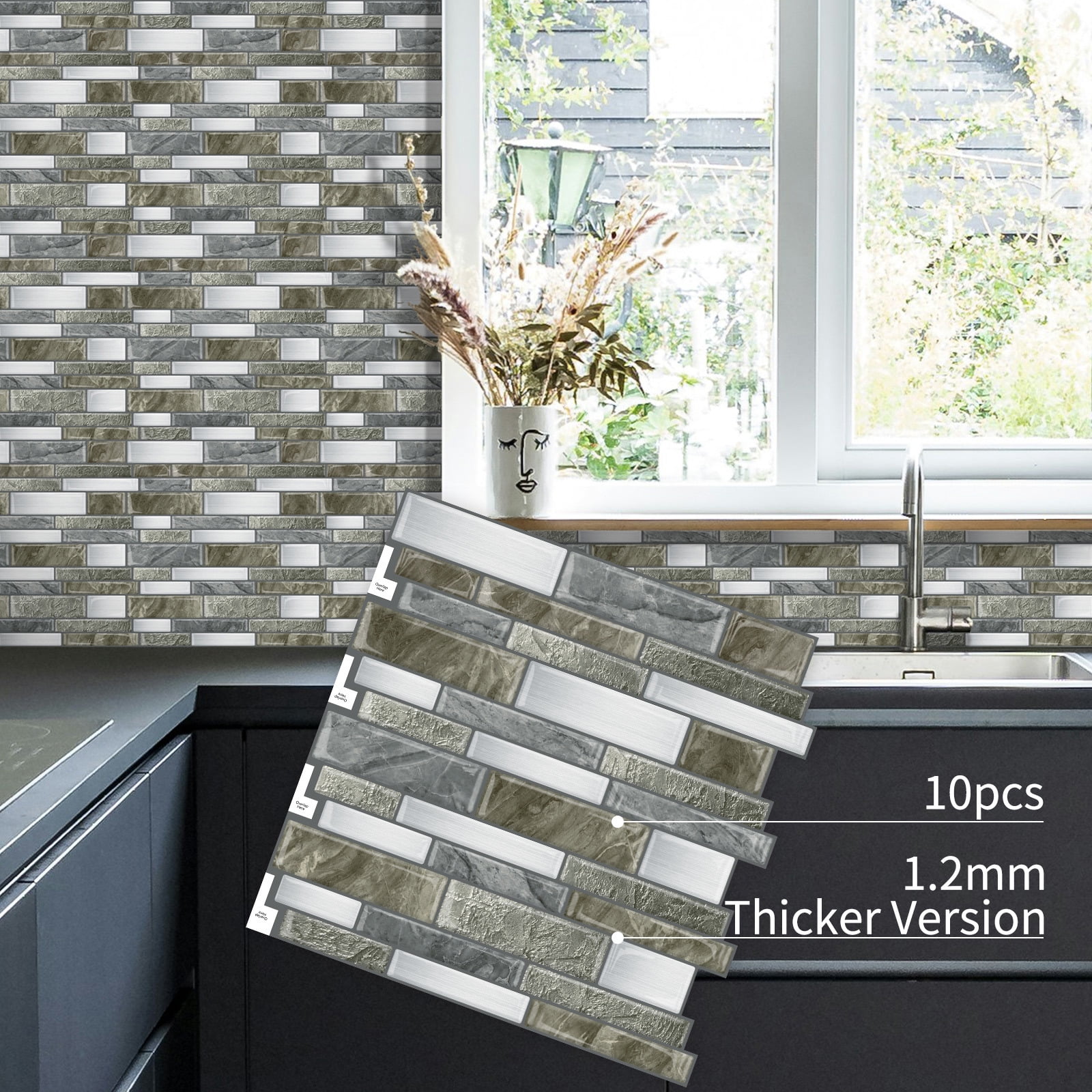 DEWOO Peel and Stick on Self Adhesive Backsplash Wall Marble Tiles Stickers 3D for Kitchen Bathroom,Gray Brown (10-Sheet, 12"×12")