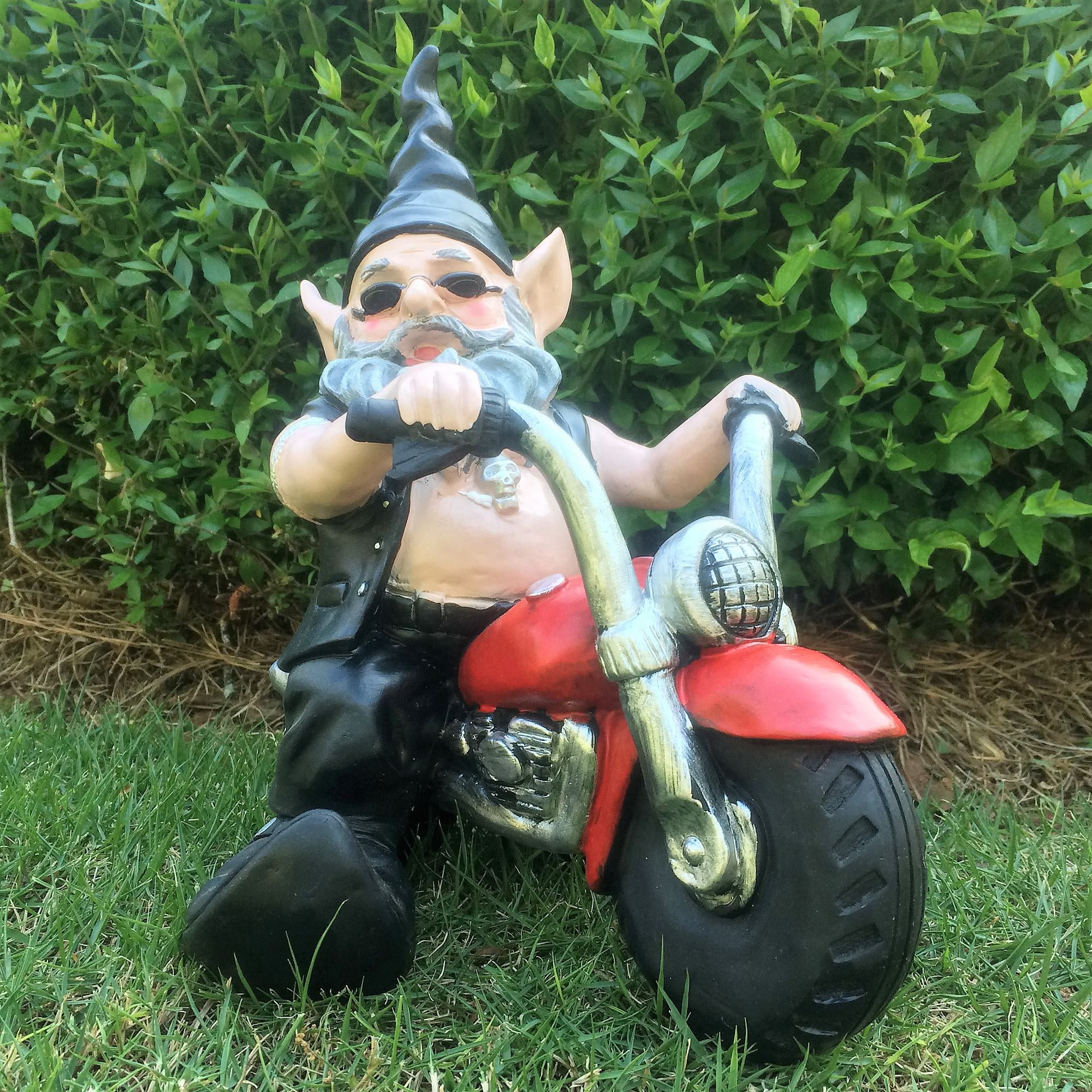 Homestyles "Biker Babe & Dude" the Biker Gnome in Leather Motorcycle Gear Riding His Red Hog Large Outdoor Garden Statue 14.5"H and 12"H