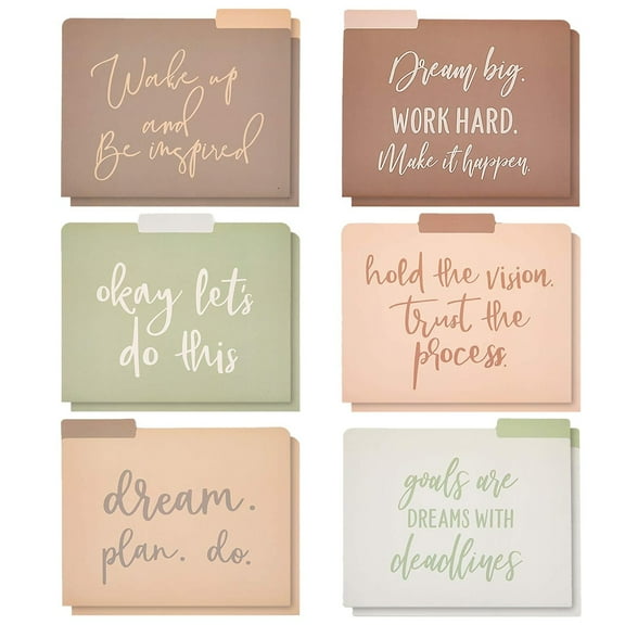 Paper Junkie Decorative File Folders, Letter Size for Women, Cute Earth Tone Aesthetic Office Supplies with Inspirational Sayings, 1/3 Cut Tabs (11.5 x 9.5 Inches) - Pack of 12 - Cute File Folders