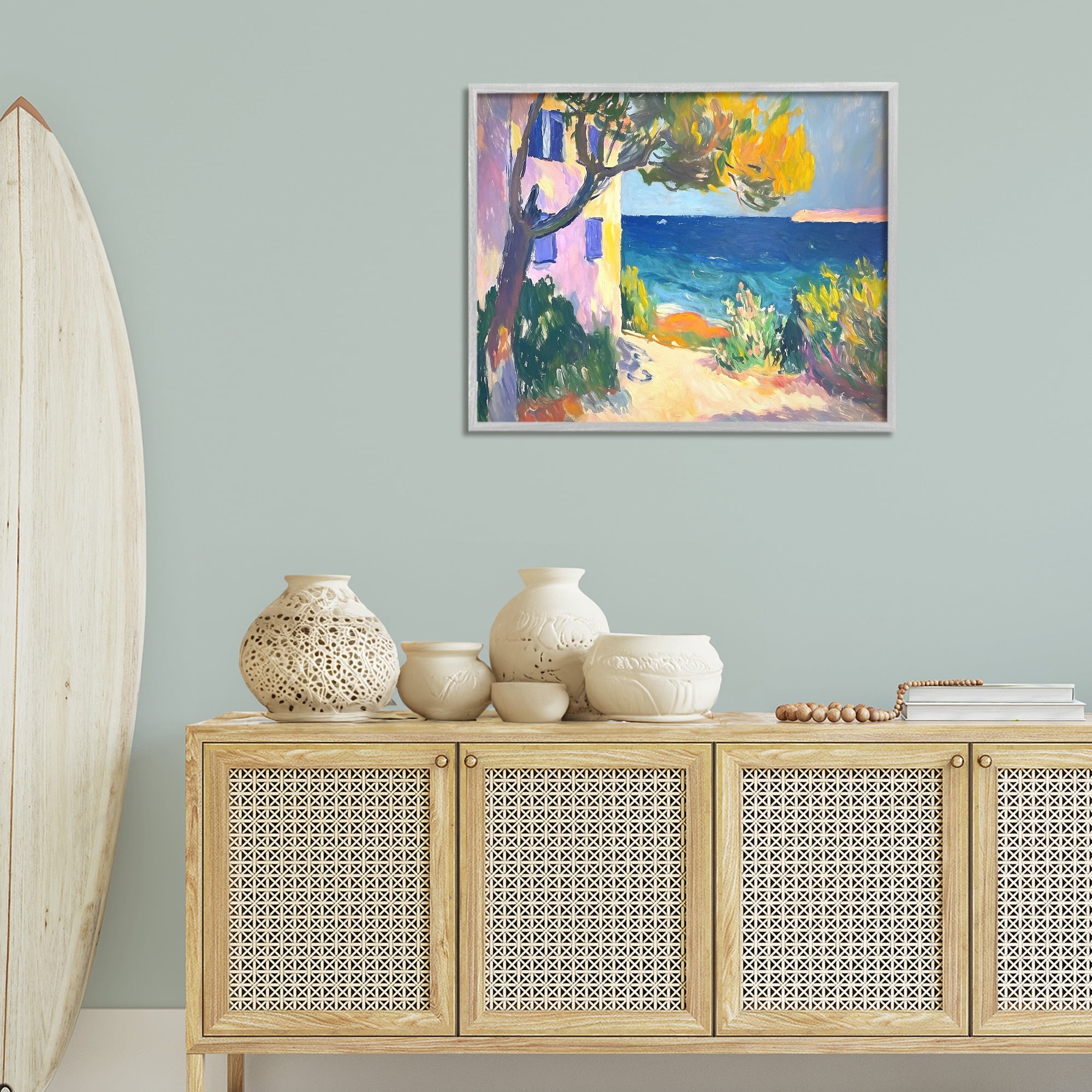 Stupell Industries House On Coastline Coastal Painting Gray Framed Art Print Wall Art, 30 x 24