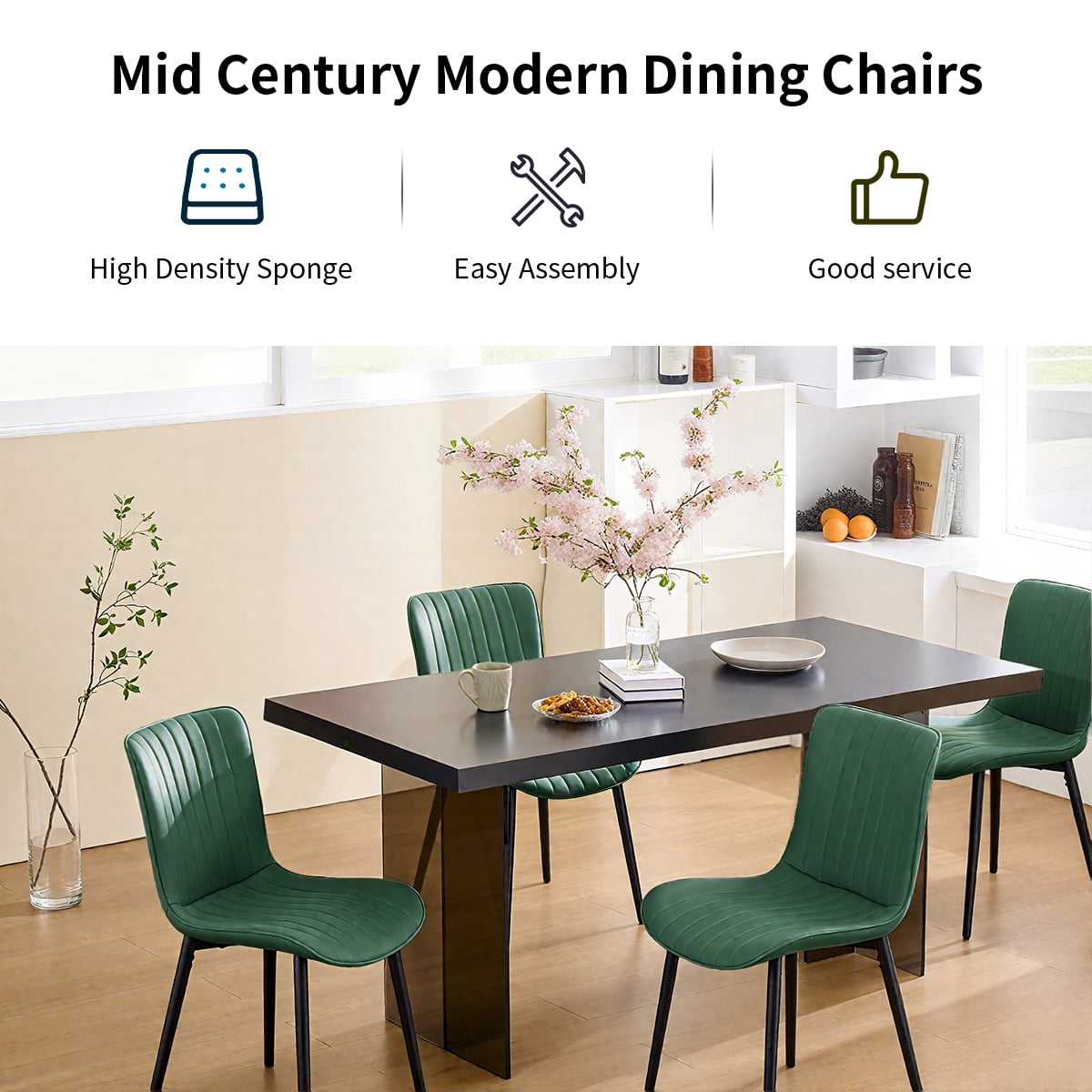 L'AGRATY Modern Dining Chairs Set of 2, High Back PU Leather Upholstered Kitchen Chairs with Cushion - Heavy Duty Metal Legs for Dining Room, Restaurant, Cafe (Green)