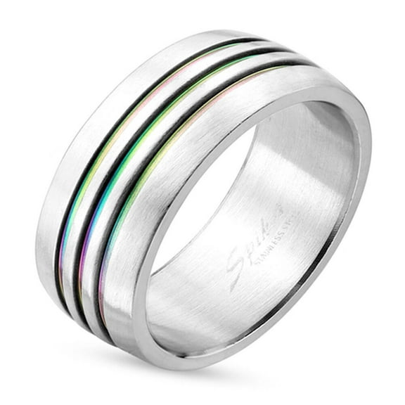 Pride Shack - Triple Line Rainbow Anodized Ring - Lesbian Gay Pride Ring Steel