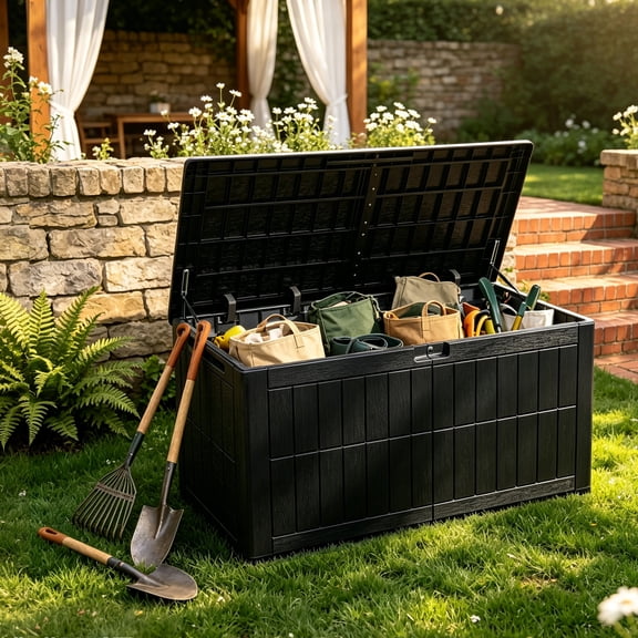 Uforic 134 Gallon Waterproof Resin Deck Storage Box with Lockable Lid, 2-Seater Patio Bench for Outdoor Cushions Garden Tools Pool Supplies, Black