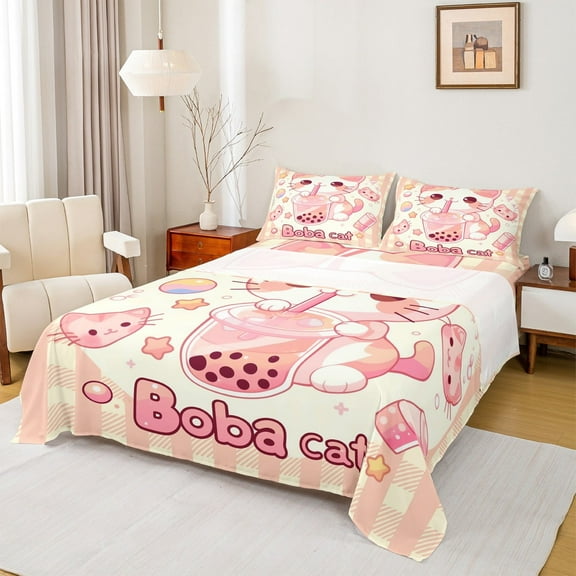 jejeloiu Cartoon Pet Cat Full Size Sheets,Boba Bubble Tea Bed Sheets,Kawaii Kitten Sheet Sets For Children,Ultra Soft Home Decor,4pcs