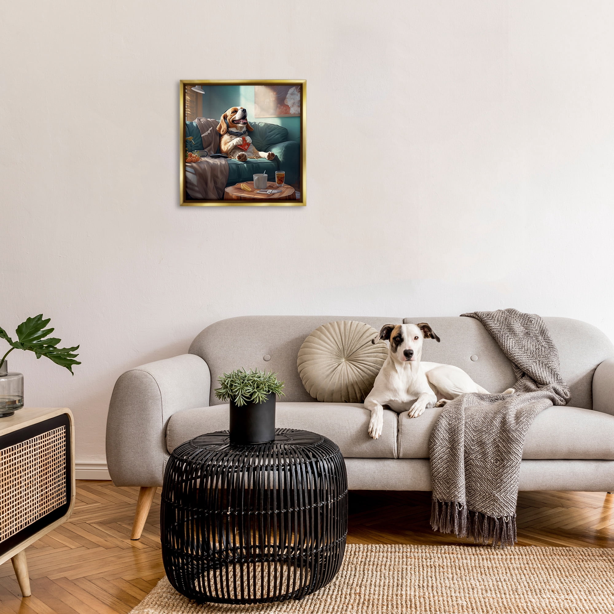 Stupell Industries Happy Dog on Couch Animals & Insects Painting Gold Floater Framed Canvas Art Print Wall Art, 25 x 25