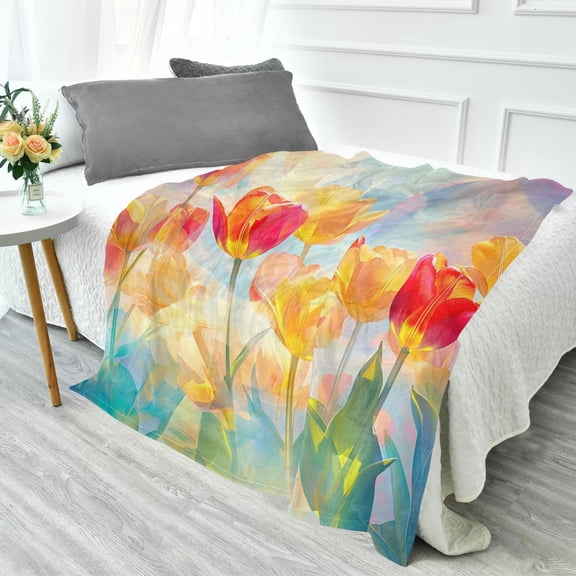 70x55 Inches Glow in The Dark Blanket Cozy Throw Camping Blankets for Home and Outdoor Use Vibrant Colorful Tulips