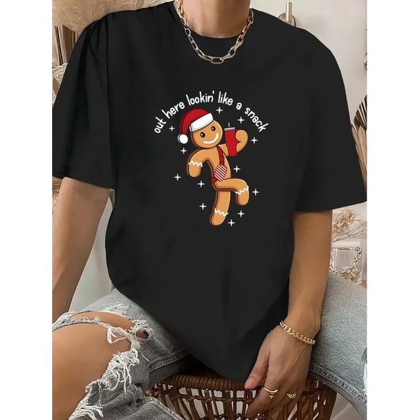Camiseta vintage con estampado navideño de hombrecito de jengibre, cuello redondo, manga corta, 100 % algodón, para verano, deportiva y de ocio.