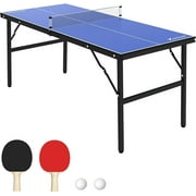 Soonbuy Mid-Size Table Tennis Table Foldable & Portable Ping Pong Table Set for Indoor & Outdoor Games with Net, 2 Table Tennis Paddles and 1 Balls, Blue