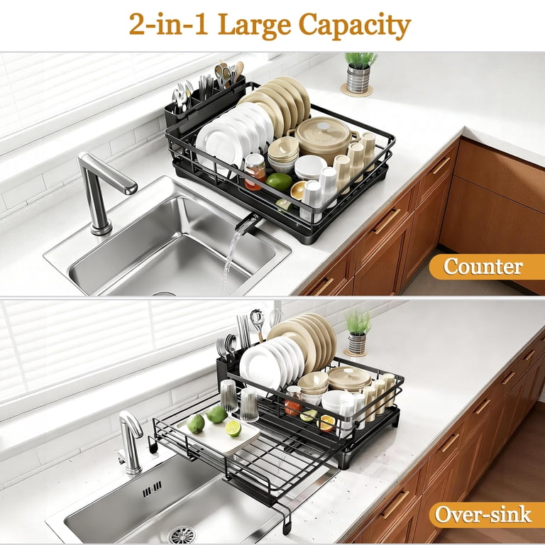 AOKIWO Extendable Dish Drying Rack, Stainless Steel, Black photo 2