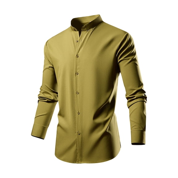 GigrtiJin Men's Vintage Banded Collar Shirt Solid Color Button Dwon Collar Long Sleeve Blouse Trendy Casual Tops