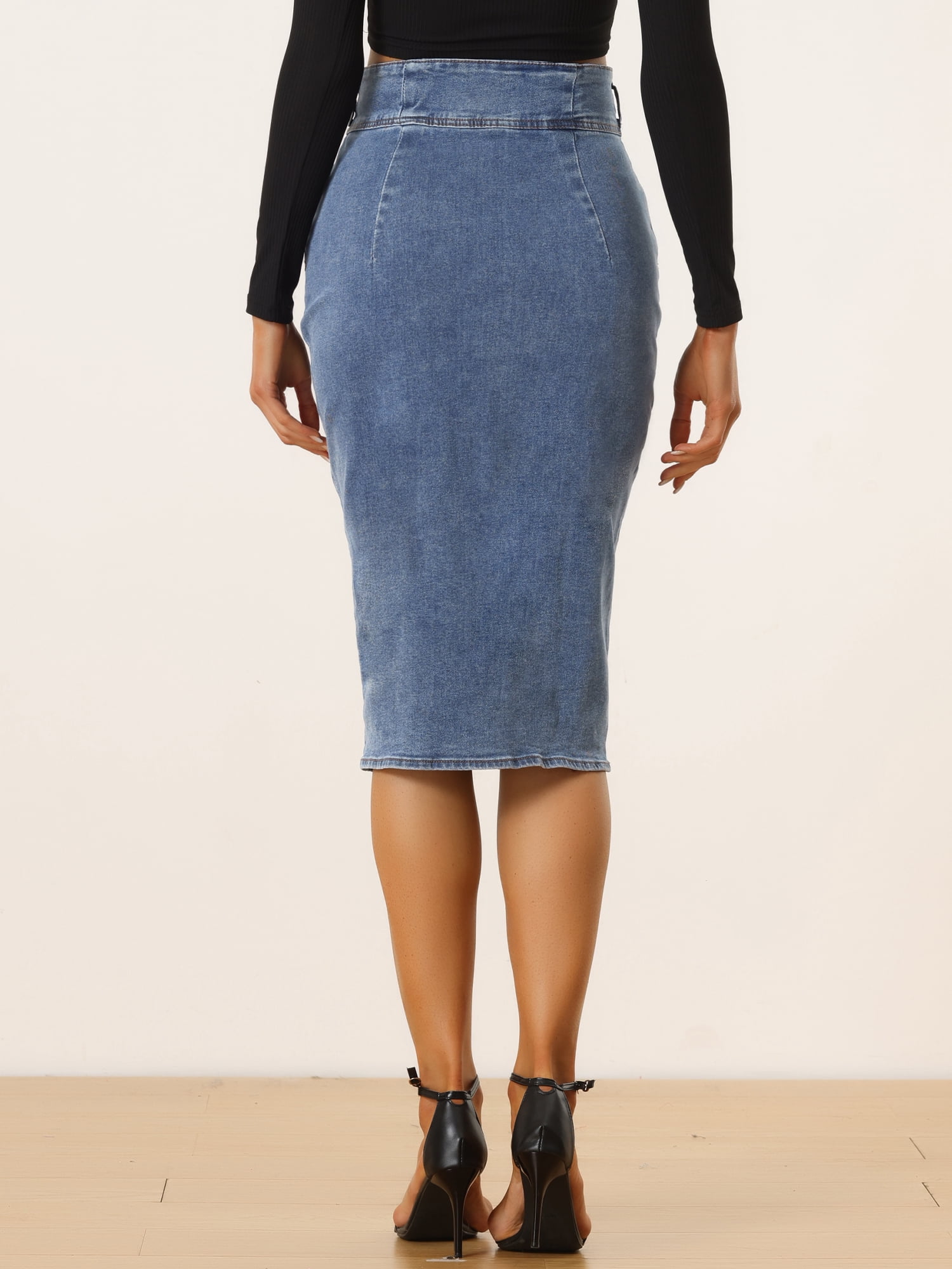 DARING DIVA Women's Denim Split Hem Pencil Jean Midi Skirts XS Blue