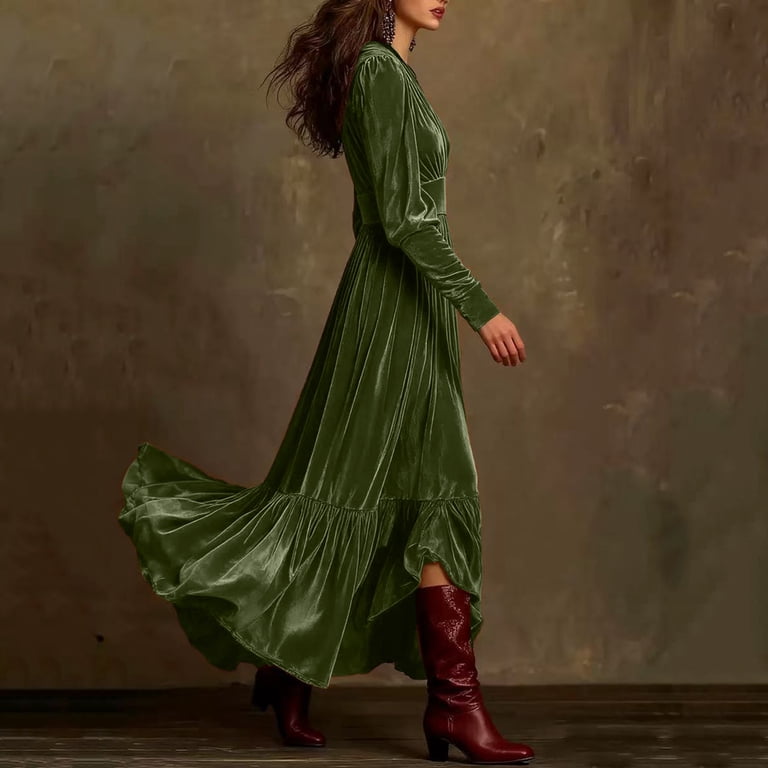 Holiday Dresses For Women Vintage Hign-End Solid Velvet Long Dress Elegant V-Neck Long Sleeve Pleat Evening Dress Lady Autumn Winter Casual Vacation 