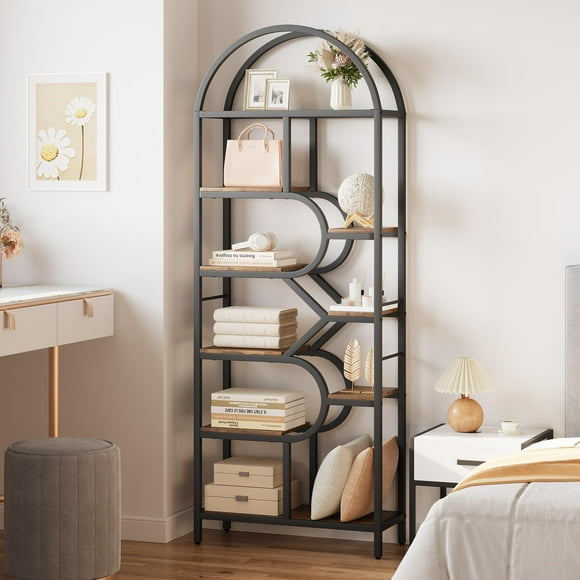 TROPOW Bibliothèque à 6 Niveaux Étagère Arquée 81,7 Po de Hauteur Présentoirs Géométriques Étagère Ouverte de Rangement Étagère à Livres Unique Cadre en Métal Grande Étagère Moderne pour Chambre, Salon, Bureau à Domicile, Noir