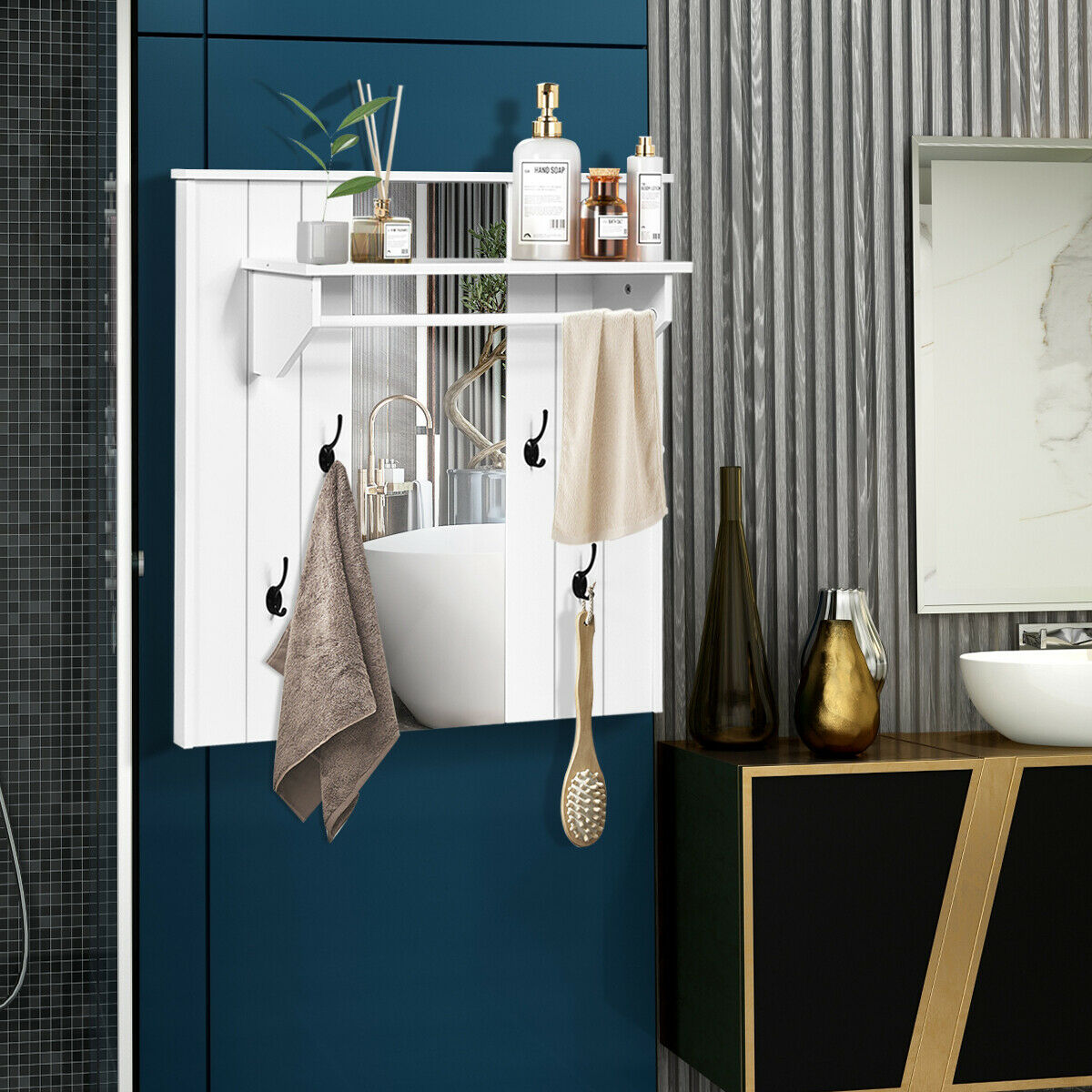 Gymax Wall Mounted Mirror Coat Hat Rack Storage Shelf w/4 Hooks