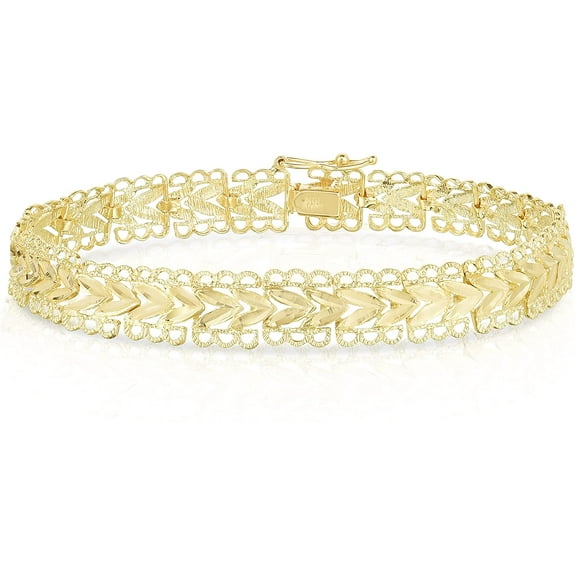 Floreo 10k Yellow Gold 8.5mm Filigree and Leaf with Diamond Cut Finish Link Bracelet