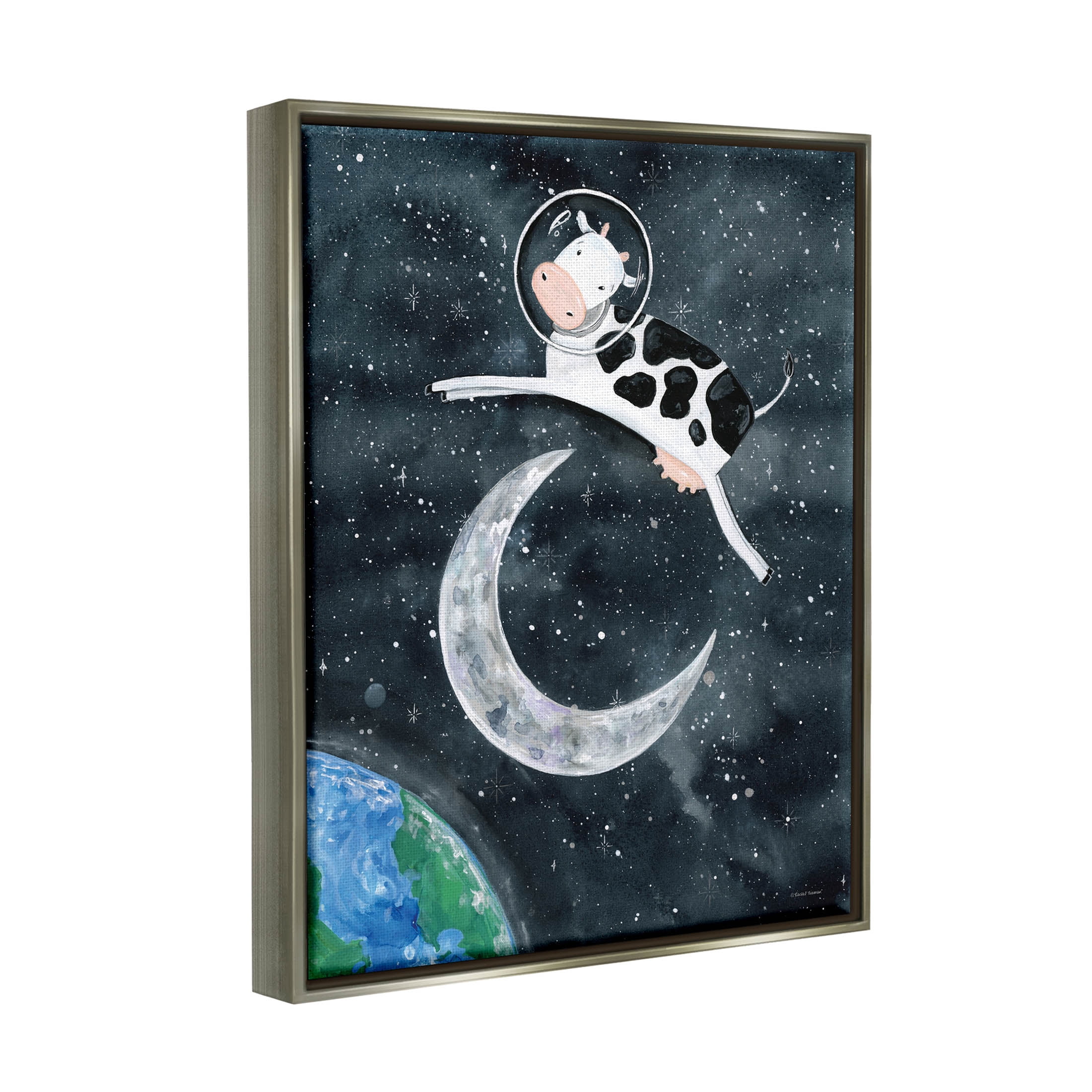 Cow Astronaut Jumping Over Moon Animals & Insects Painting Luster Gray Framed Art Print Wall Art