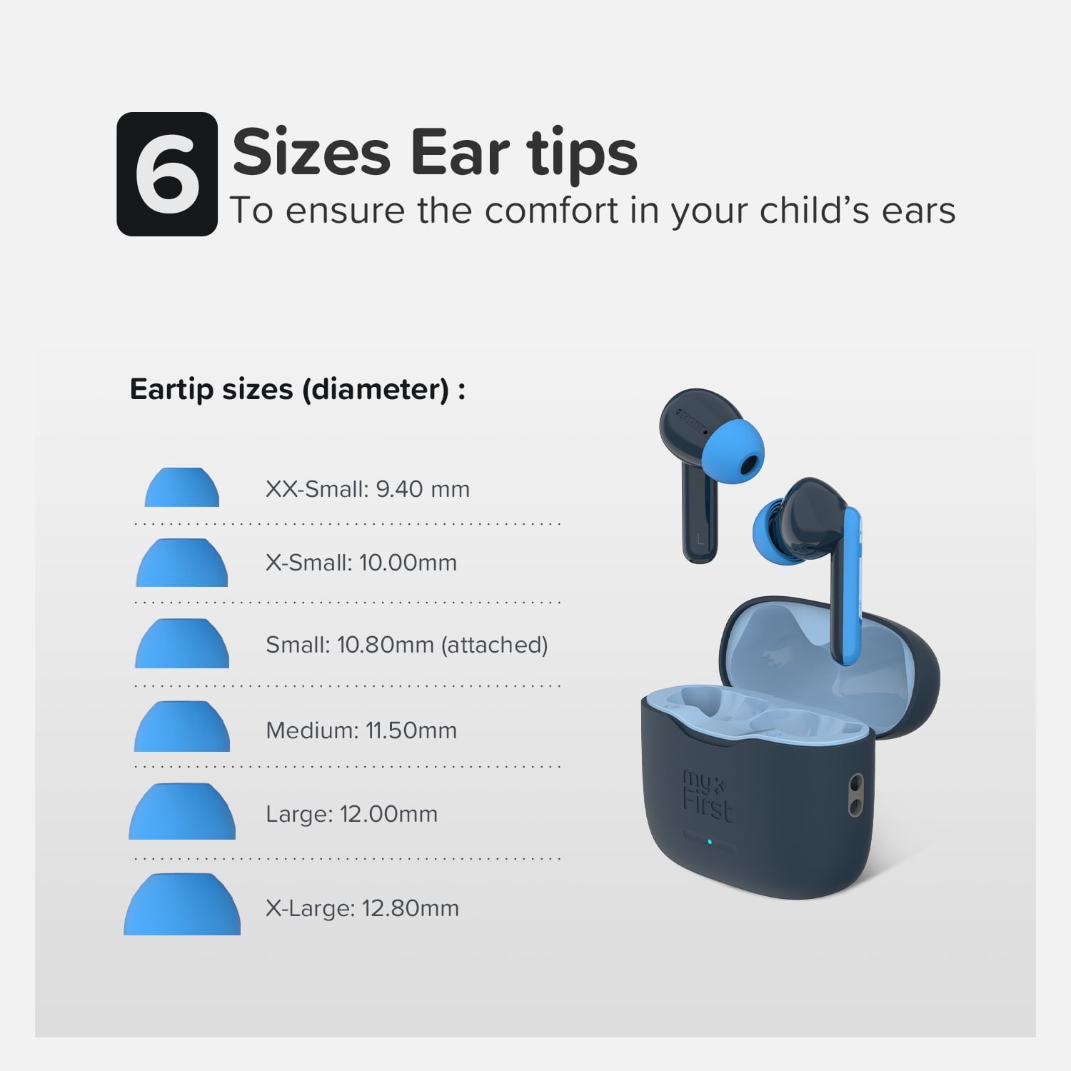 myFirst CareBuds (Space Blue) Kids Wireless Earbuds with 85dB Volume Limit, Built-in Mic, 6 Ear Tips, Anti-Lost Strap Easy Pairing, Gift for Kids 4-15