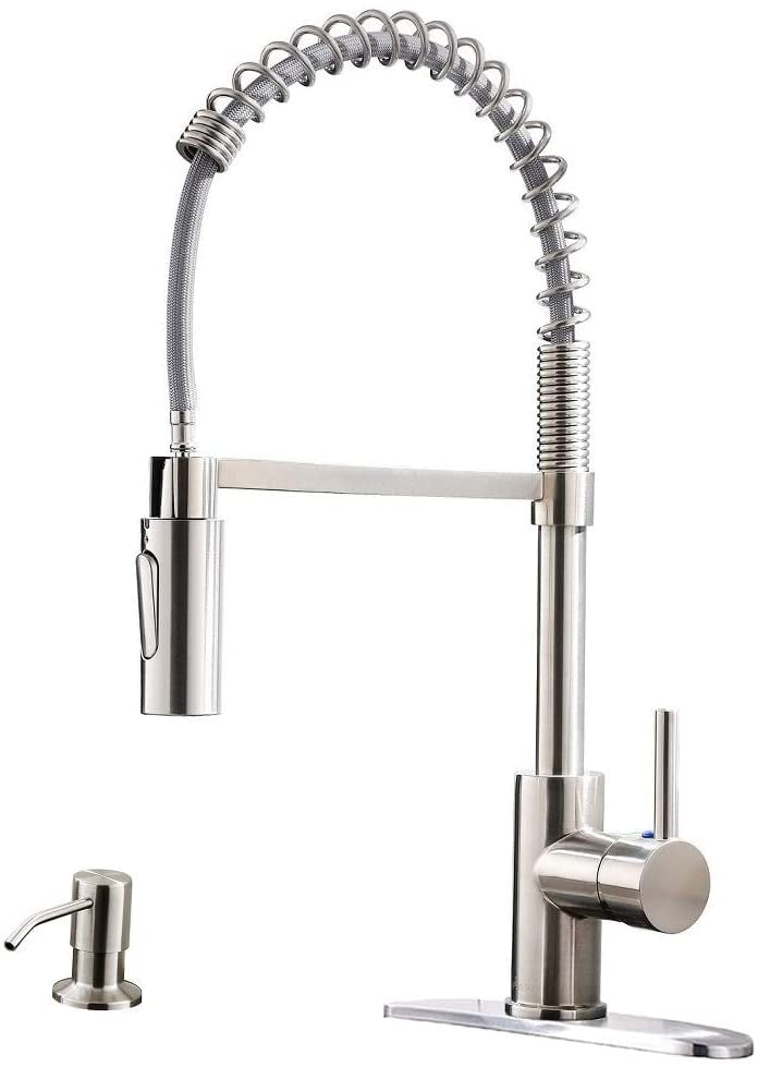 Brushed Nickel Kitchen Sink Spring Faucet Single Handle with Pull Down Sprayer 