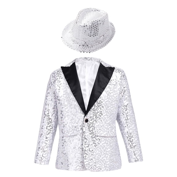 Zaldita Kids Boys Formal Tuxedo Suit Dress Coat with Fedora Hat for Performance Banquet Wedding Party Banquet Prom Silver 8