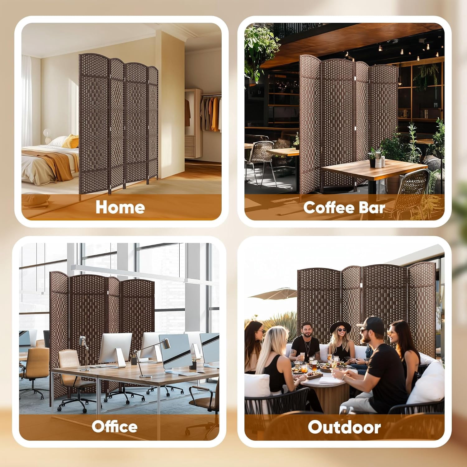 Jostyle 6ft Tall Room Divider with Hand-Woven Design, 4-Panel Folding Privacy Screen Freestanding Mocha