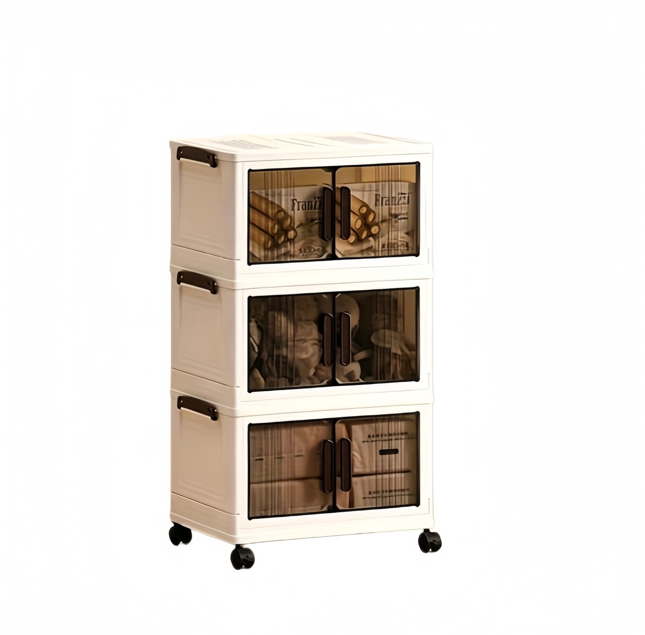 3-Tier Stackable Storage Bins with Lids, Collapsible Rolling Closet Organizer with Wheels, Plastic Storage Cabinet Closet Organizer for Bedroom Living Room