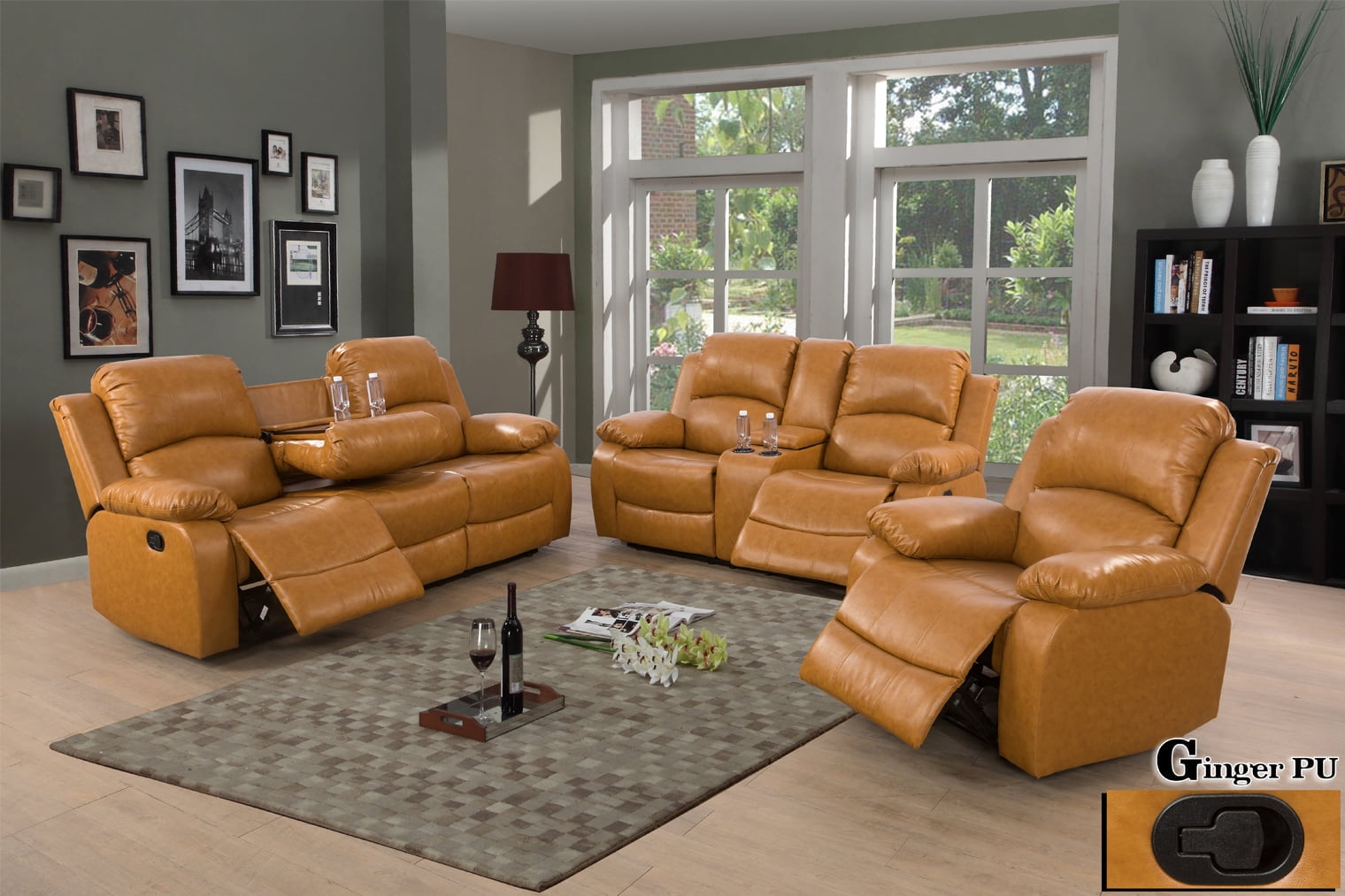 3 Pieces Sectional Sofa Set Manual Recliners with Cup Holders PU Leather Overstuffed Set Brown