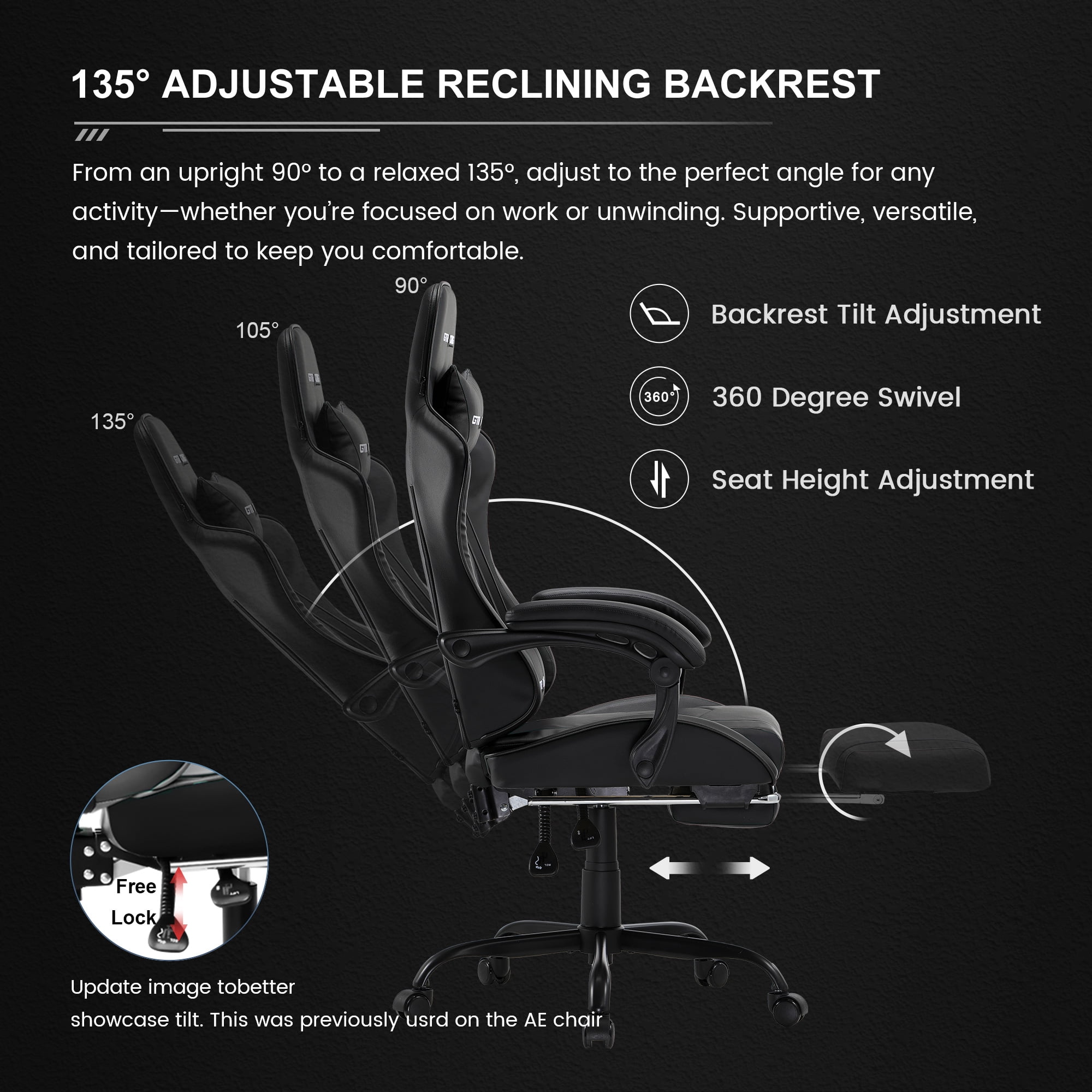 GTRACING Ergonomic GTWD-200 Gaming and Office Chair with Adjustable Pillows and Footrest, Black