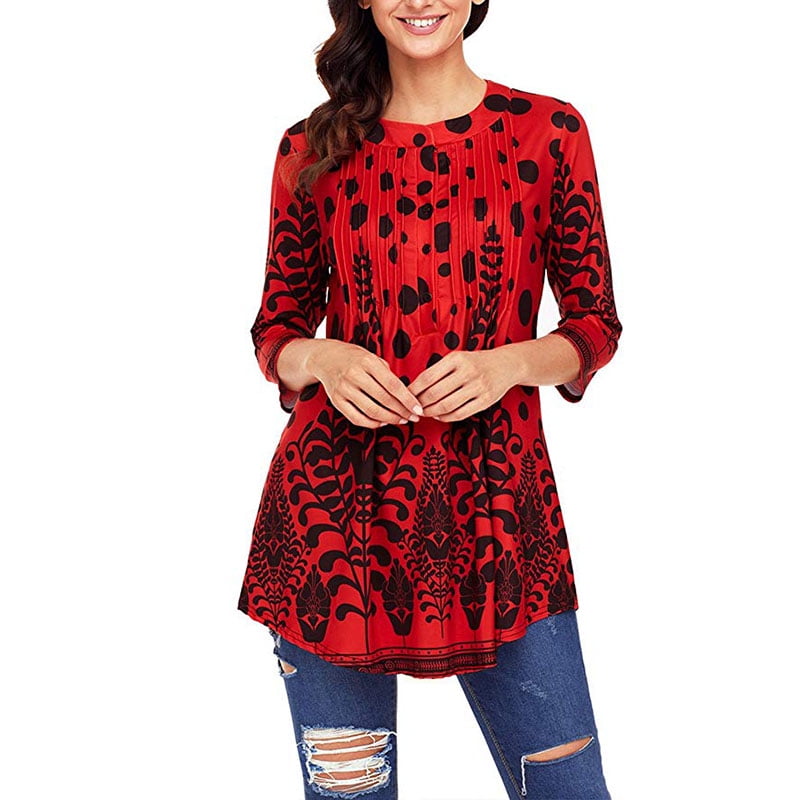 TOTOD Women Floral Print Blouse Tops 3/4 Long Sleeves Casual Loose Tunic Button Up Tee Shirts Tunics 