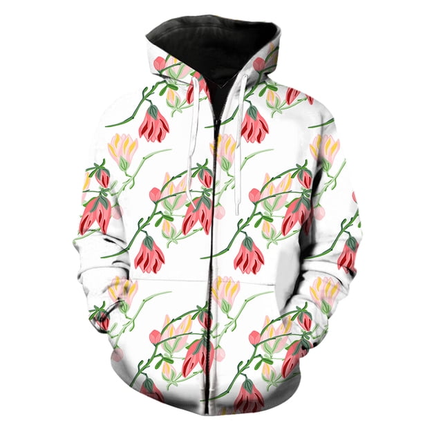 Sudadera con capucha y cremallera para hombre, estilo Harajuku informal de gran tamaño, con estampado de flores y magnolia, ideal para primavera de 2024. Chaquetas con capucha, ropa de calle, moda mod