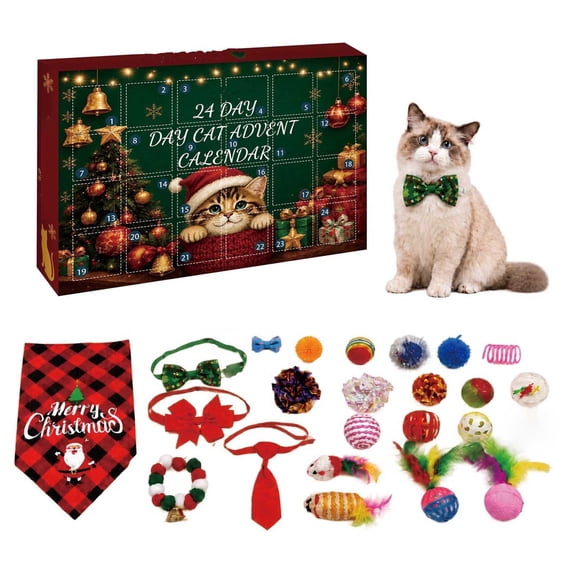 24‑Day Cat Christmas Advent Calendar, Assorted Interactive Kitty Toy & Accessory Surprise Set, Holiday Gift for Indoor Cats and Pet Owners