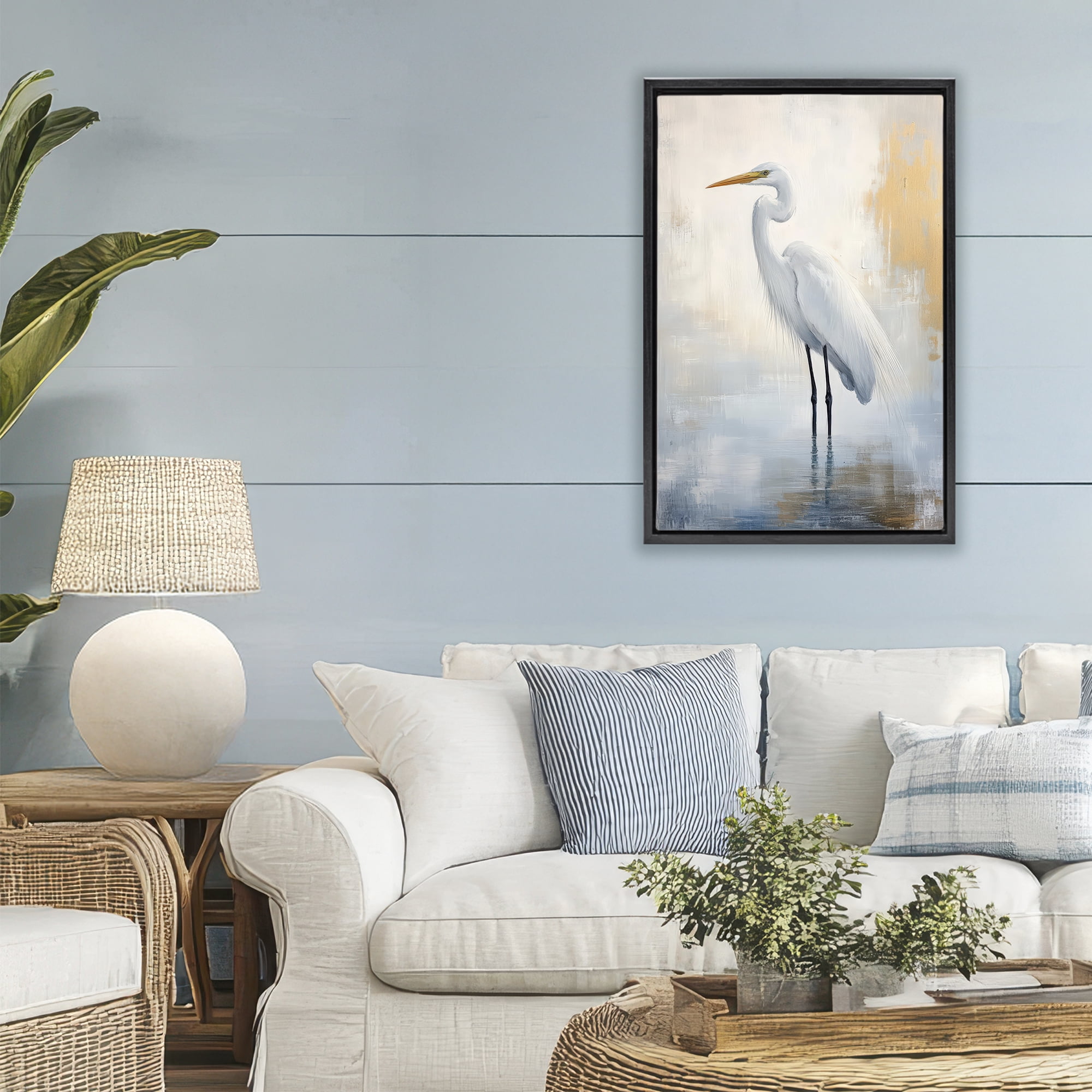 Stupell Industries Distressed Egret with Misty Reflection Black Framed Floater Canvas Wall Art, design by Petal Prints Design
