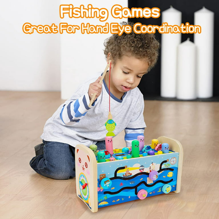 4 in 1 Hammering Pounding Toys Wooden Montessori Educational Fishing Game Xylophone Toy for 1 2 3 Year Old Baby Sensory Developmental Toy Fine Motor