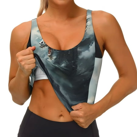 Qokaie Cloud White Dragon Pattern Womens Scoop Neck Sports Bra Breathable Workout Vest Padded U Back Medium Impact Fitness Gym Yoga Bra Workout Crop Top