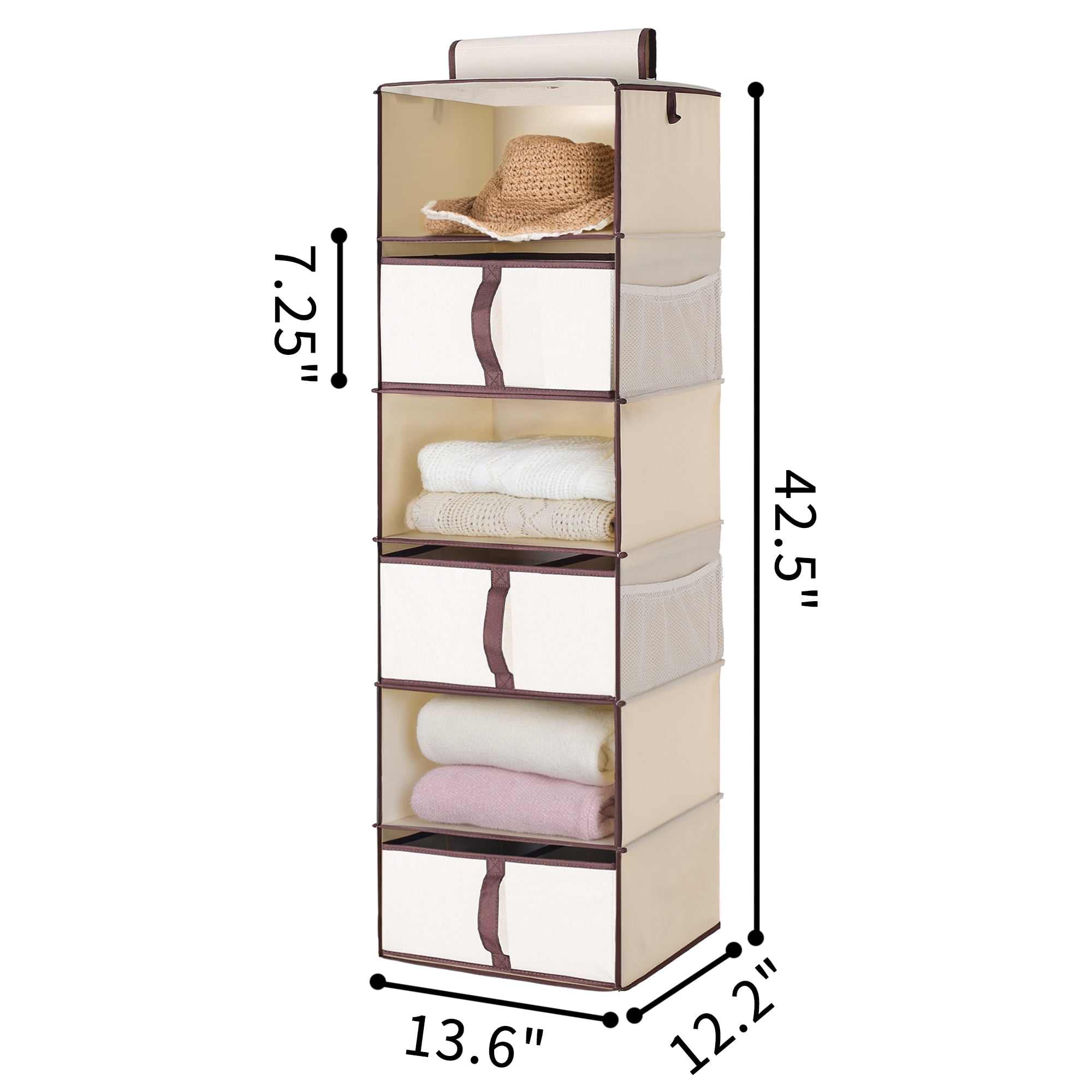 Foldable Hanging Closet Organizer with Drawers, 6-Shelf, Natural, Polyester Canvas, 13.60 x 12.20 x 42.50 inches