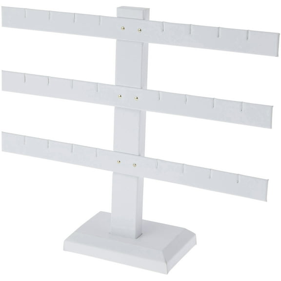 Plymor White Faux Leather Triple T-Bar, Twelve Pair Earring Display Stand, 10.25" W x 8.5" H