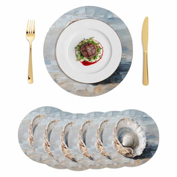 Coastal Seashells Round 15 Inch Placemats Set of 6, Rustic Nautical Oil Abstract Painting HeatResistant Non Slip Place Mats for Dining Table, Wipeable Braided Kitchen Table Mats for Housewarming