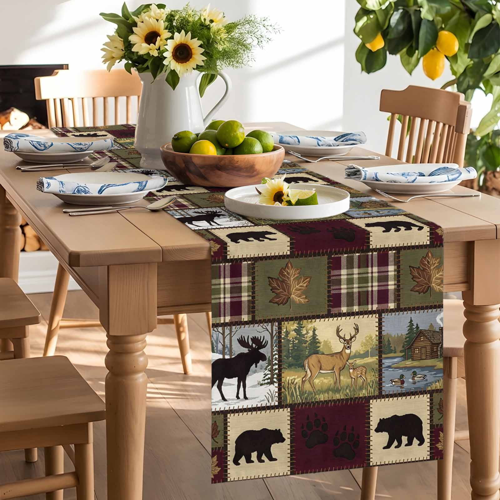 Boho Bear Deer Table Runner 18x72 Inch Rustic Cabin Country Forest Mountain Leaf Cotton Linen Dining Table Runner Ideal for Dresser Kitchen Coffee Tables - Machine Washable