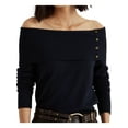 thumbnail image 3 of RALPH LAUREN Womens Navy Cotton Blend Ribbed Logo Button At Collar Placket Long Sleeve Off Shoulder Wear To Work Sweater M, 3 of 4