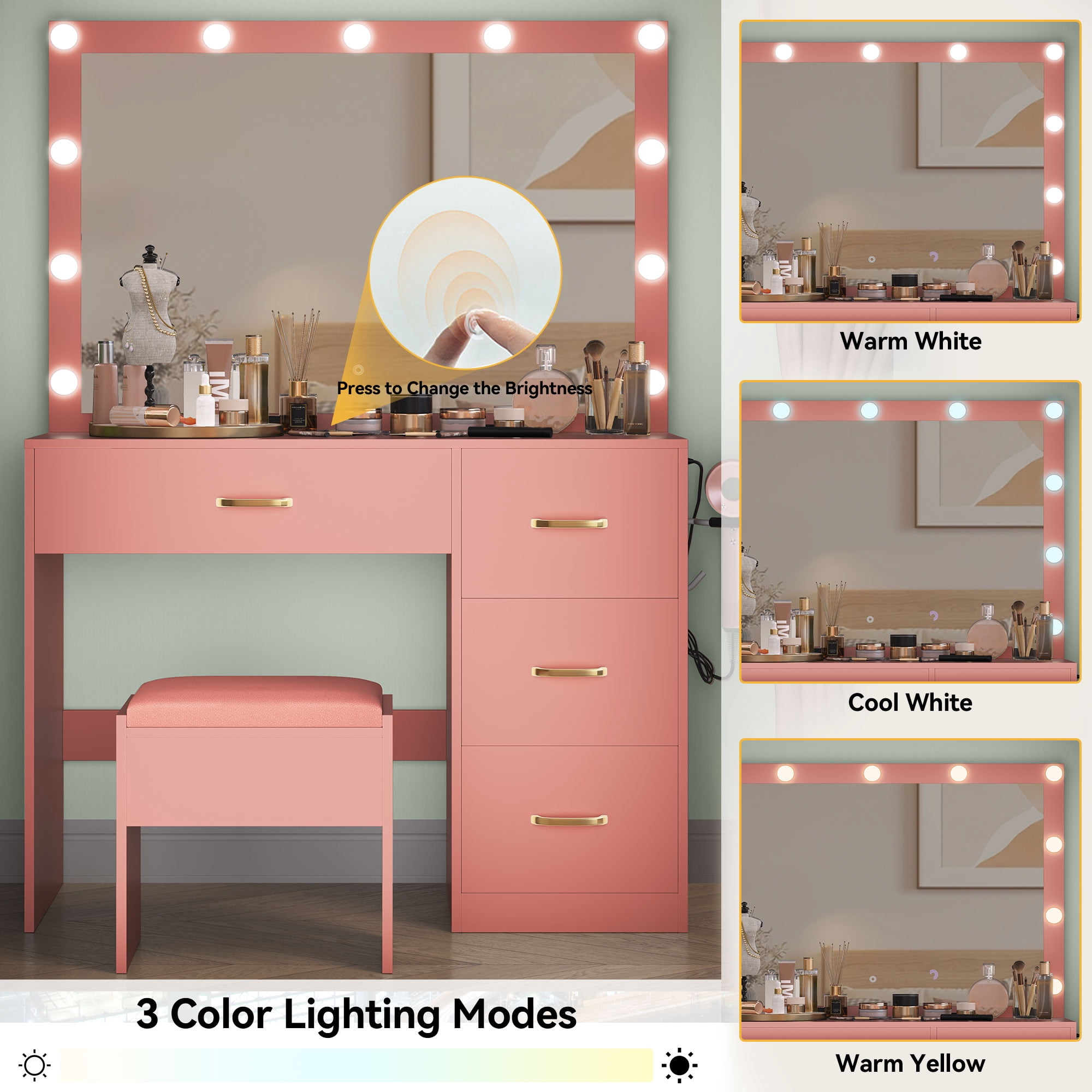 Uforic Adults' Makeup Vanity  with Lighted Mirror, Power Outlet & 4 Drawers – Elegant Bedroom Table in Pink
