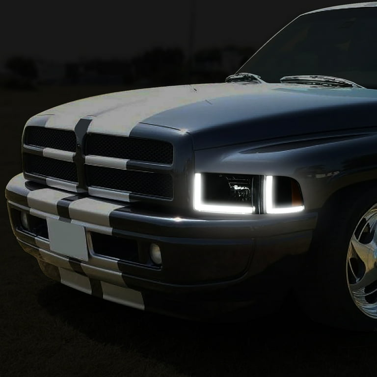 Dual L-Shaped LED DRL Headlights For 1994-2002 Dodge Ram 1500/2500/3500 - Black/Amber