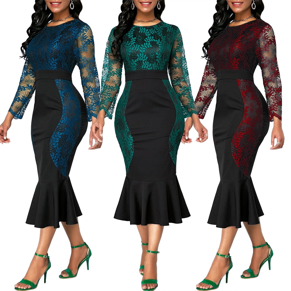Plus Size Women Long Sleeve Solid Color Perspective Lace Party Fishtail Dress 